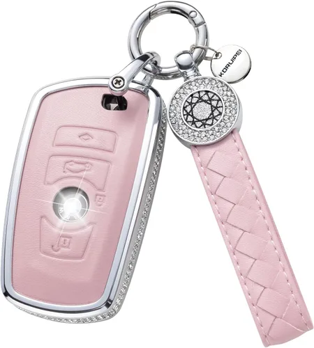 Vista 18 de Funda para llave inteligente con llavero, de piel auténtica color rosa, con cristales, carcasa protectora