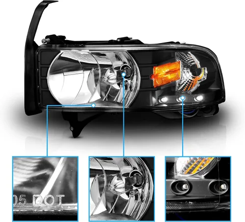 Vista 3 de AmeriLite Juego de 1 faro delantero de repuesto negro con lámpara de estacionamiento LED de esquina para Dodge Ram 1500 2500 3500 1994-2001, lado