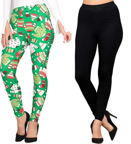 Vista 37 de Lildy - Leggings súper suaves lisas e impresas para mujer, elásticas sin transparencias Rayas negras y rojas/paquete de dos negras