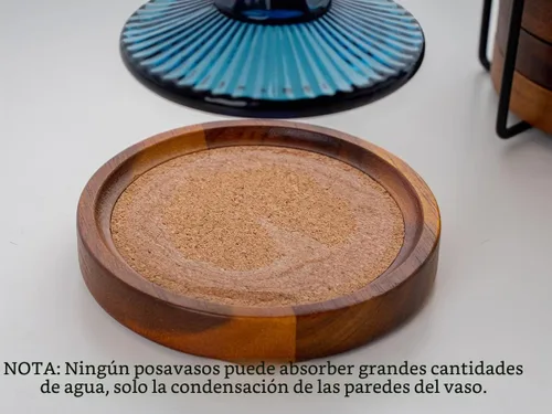 Vista 2 de Posavasos de corcho de madera de acacia con soporte, posavasos de corcho rústico absorbente para mesas de café/comedor y escritorios, juego de 6