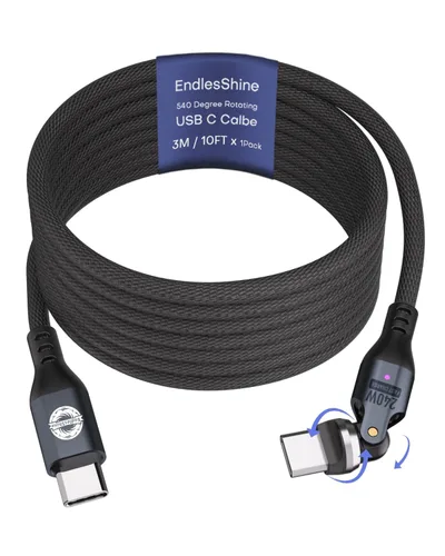 Vista 14 de Cable USB C a C de 3.3 ft, negro, rotación 540, 240 W, PD, carga rápida, transferencia de datos de 480 Mbps, cable de carga tipo C con chip