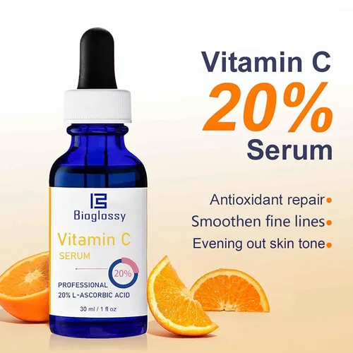 Vista 4 de Suero de vitamina C al 20 %, suero facial profesional de vitamina C antienvejecimiento, mejora el resplandor de la piel, reduce las líneas finas
