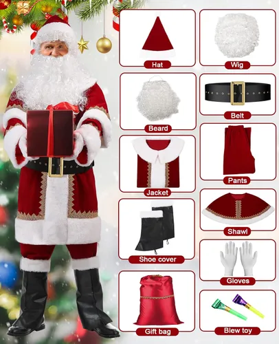 Vista 2 de SuBleer Santa Claus Costume for Men Deluxe Santa Costume Velvet Santa Suit Adults Men Santa Outfit for Christmas Party