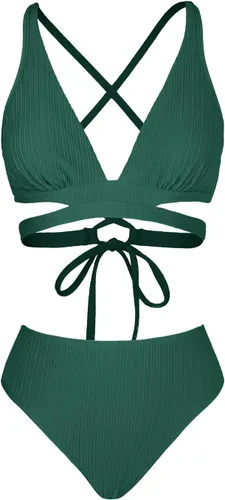 Vista 4 de CUPSHE Conjunto de bikini para mujer, traje de baño de dos piezas, parte superior triangular, tiro medio, entrecruzado en la espalda, tirantes