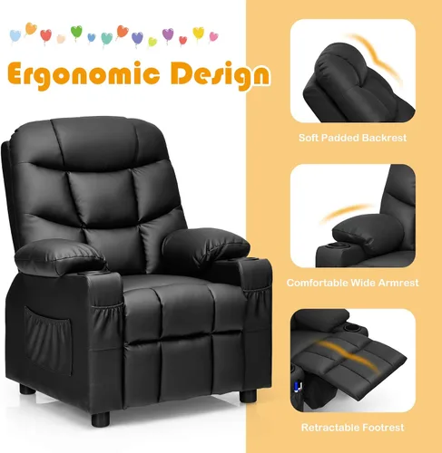 Vista 7 de Costzon Silla reclinable para niños con soporte para tazas, silla de salón de cuero ajustable con reposapiés y bolsillos laterales para habitación