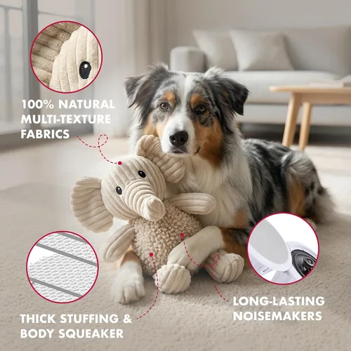 Vista 2 de Petlou - Juguetes de felpa natural y duraderos para perros con papel chirriante y arrugado en varios tamaños (elefante natural, M, 10 pulgadas)