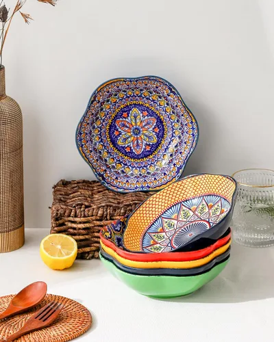 Vista 6 de HENXFEN LEAD Juego de 6 cuencos de cerámica coloridos de 20 onzas para sopa y cereales, cuencos bohemios para ensalada, pasta, aperitivos