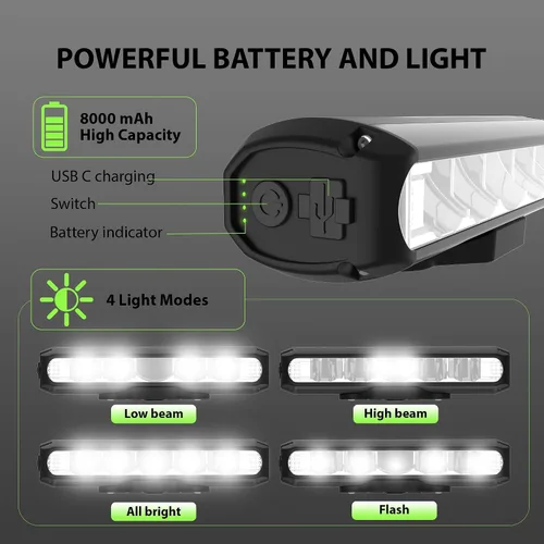 Vista 4 de Luces de bicicleta, luz de bicicleta súper brillante de 8000 mAh, 2600 lúmenes, 5 LED, recargable, faro, impermeable, 4 modos, función de banco