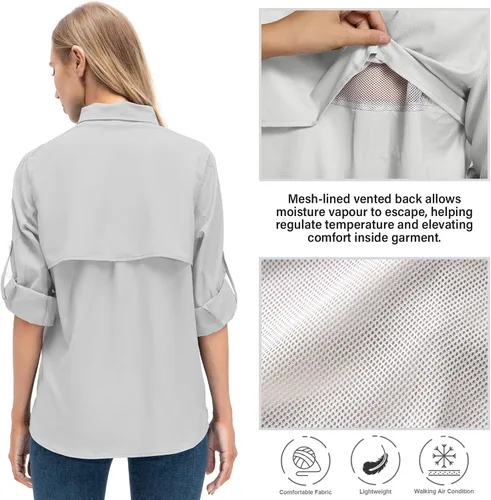 Vista 3 de Camisas de manga larga para mujer secado rápido protección UV convertibles para senderismo campamento pesca navegación