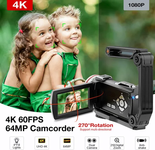 Vista 2 de Videocámara digital 4K, cámara dual de 64MP UHD Vlogging para YouTube, zoom digital 21X, cámara de vlog con micrófono externo, estabilizador