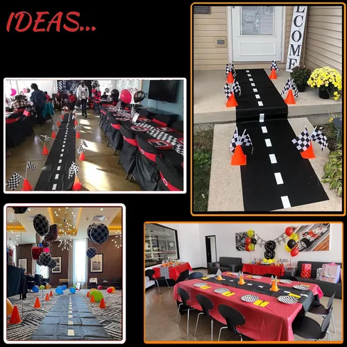 Vista 6 de Paquete de 6 conos de carreras naranjas de 7 pulgadas con agujeros en la parte superior, paquete de 12 banderas a cuadros, decoraciones de fiesta