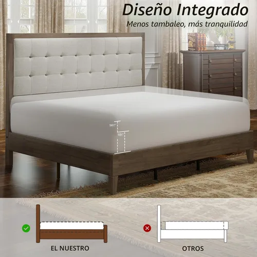 Vista 6 de Jocisland - Base de cama matrimonial de madera maciza, cabecera tapizada de 50 pulgadas de alto, color gris ceniza