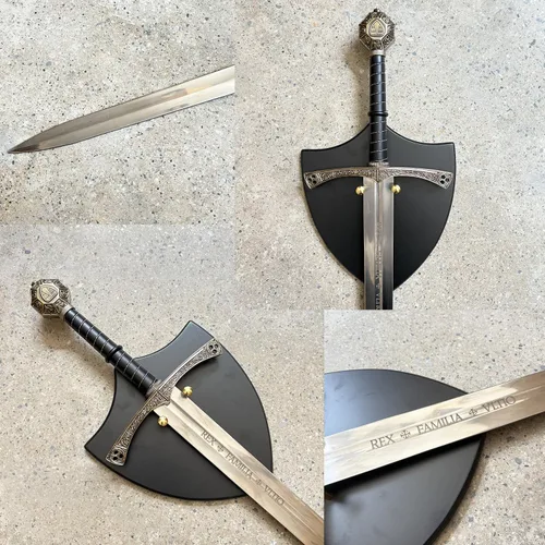 Vista 8 de Espada medieval de acero inoxidable de 44.7 pulgadas con placa de exhibición para colección, cosplay