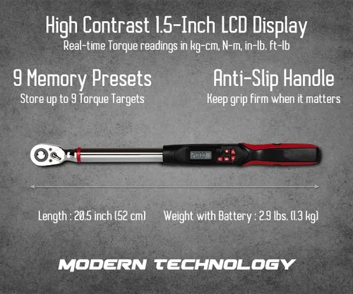 Vista 3 de Llave dinamométrica digital de 1/2 pulgada Tapha Tools, rango de torque 7.4-147.5 ft-lb (10-200 N-m), precisión ±2%, notificación LED y timbre