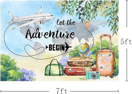 Vista 3 de MEHOFOND Let The Adventure Begin - Telón de fondo para baby shower, viaje, cumpleaños, graduación, fiesta de jubilación, pancarta de avión