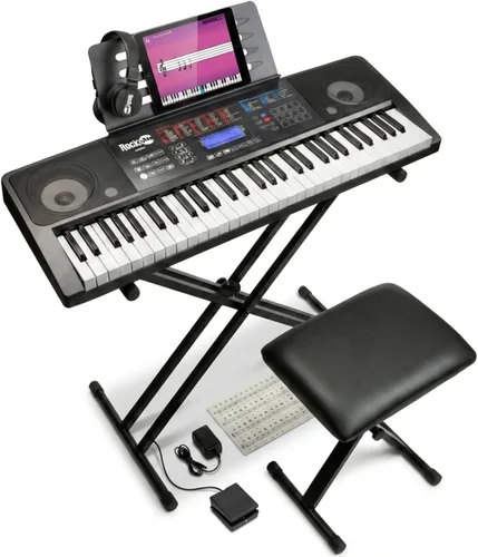 Vista 11 de Teclado electrónico RockJam de 61 teclas superkit con soporte, taburete, auriculares y fuente de alimentación