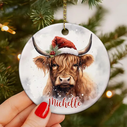 Vista 5 de Hyturtle Regalos de Adornos de Navidad Personalizados para Amantes de Vacas Highland - Adorno de Cerámica Navideño de Vaca Highland con Nombre