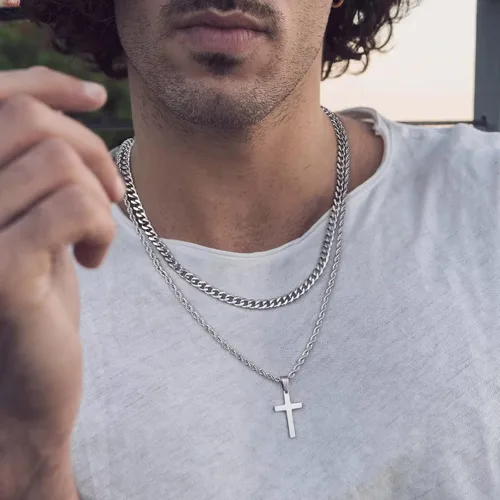 Vista 2 de Ursteel Layered Cross Necklace for Men, 18K Gold Silver Black Stainless Steel Mens Cross Necklaces Cross Chain Layered Rope Chain Cross Necklace for