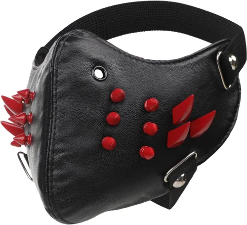 Vista 4 de PURFUN Máscara de cuero con tachuelas punk con tachuelas, máscara gótica de Red Rivets
