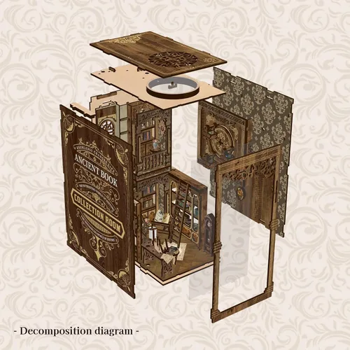 Vista 5 de Kit de rincón de libros de biblioteca antigua, rompecabezas 3D de madera con luz LED, modelo de estantería en miniatura, decoración cultural