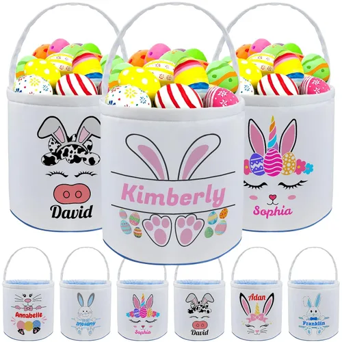 Vista 28 de Cesta de Pascua personalizada con nombre para niños, lona personalizada, cubo de Pascua, regalo para niños y niñas
