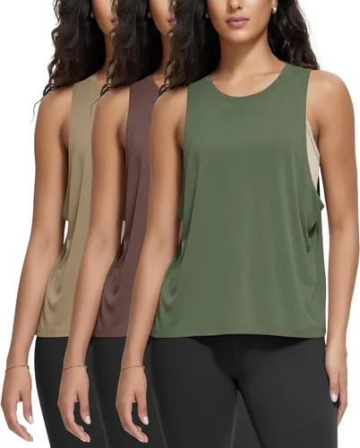 Vista 17 de ODODOS Paquete de 3 camisetas sin mangas sueltas para mujer, camisetas sin mangas para gimnasio, atletismo, entrenamiento, camisetas de yoga