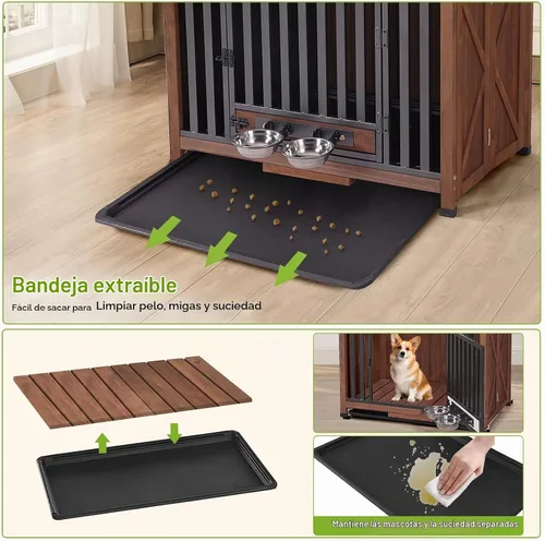 Vista 4 de GUTINNEEN Muebles de Jaula para Perros Plegables Perrera para Perros Pequeños Medianos Grandes Casa de Madera Maciza para Perros con Cuenco Jaula