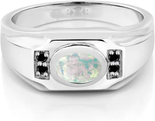 Vista 3 de Gem Stone King Anillo de plata de ley 925 con ópalo blanco y diamantes negros para hombre