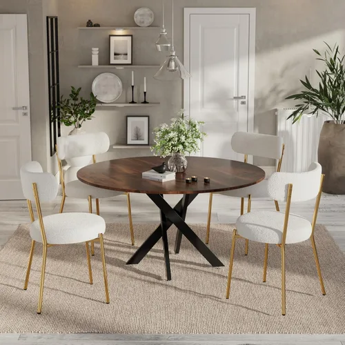 Vista 20 de Moderno juego de mesa de comedor redonda de 3 piezas, mesa de MDF circular negra y 2 sillas de comedor negras Boucle, muebles de cocina con marco