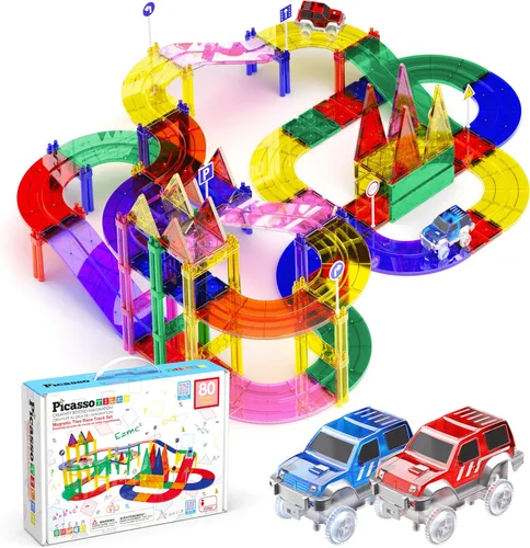 Vista 10 de PicassoTiles Juego de 121 azulejos magnéticos de pista de carreras de mármol 3 en 1, juego de construcción de carreras de automóviles, aprendizaje