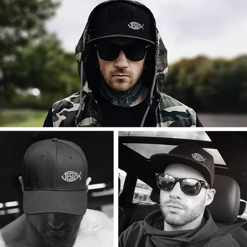 Vista 4 de Sombreros de ala plana para hombre, con cierre a presión, color negro, para papá, vida, Jesús, peces cristianos, gorra ajustada para camionero