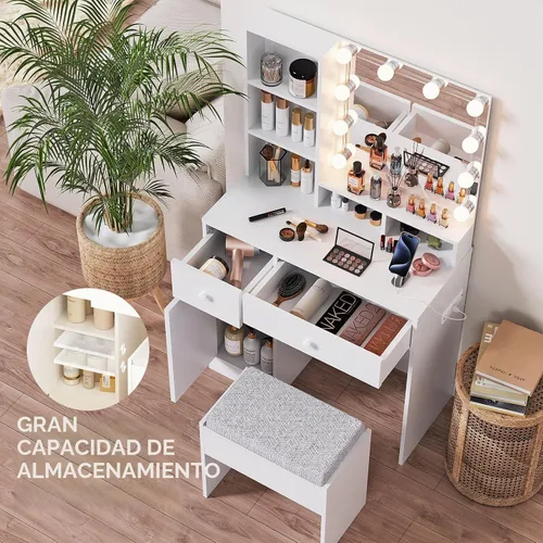 Vista 4 de Escritorio de tocador con espejo, luces y tira de corriente, tocador pequeño para espacios pequeños, mesa de maquillaje moderna con 4 cajones