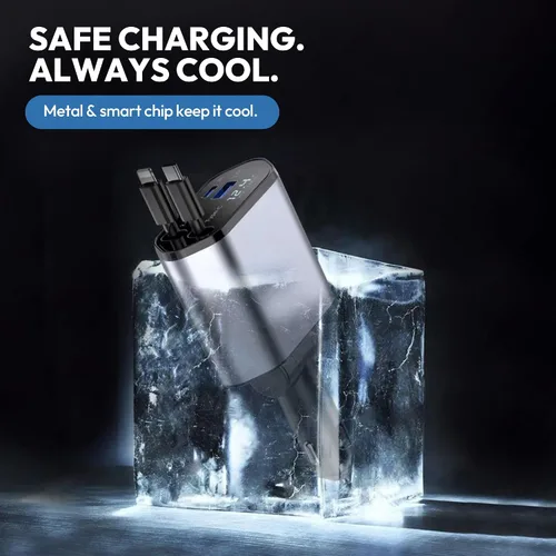Vista 5 de Cargador retráctil para automóvil de 120 W, cable USB-C y Lightning 4 en 1, adaptador de carga rápida para iPhone 16/15/14, Samsung, Android, puerto