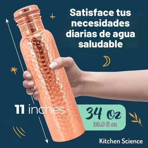 Vista 4 de Kitchen Science - Botella de agua de cobre martillado de 34 onzas / 33.8 fl oz con bolsa de transporte, a prueba de fugas, resistente, probada