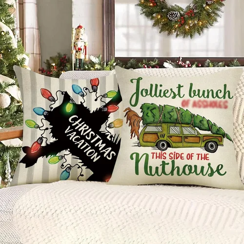 Vista 5 de Selmad Juego de 4 fundas de almohada para vacaciones de Navidad, 16 x 16 pulgadas, funda de cojín iluminada con diseño de Clark de Navidad