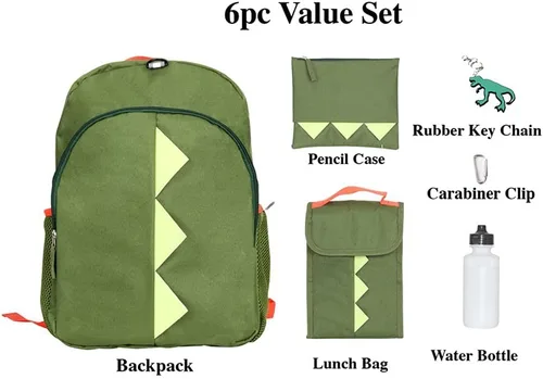 Vista 2 de Juego de mochila para niños, 16 pulgadas, 6 piezas, incluye bolsa de almuerzo plegable, botella de agua, llavero y estuche para lápices, Dinosaurio