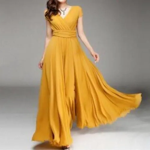Vista 2 de PHILISENMALL Vestido largo de gasa para mujer, cuello en V, manga corta, bohemio, de gasa, color puro, vestido de cintura para mujer, fiesta, boda