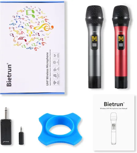 Vista 9 de Bietrun Micrófono inalámbrico, juego profesional de micrófonos UHF de metal, de mano, doble, inalámbrico, dinámico, con receptor recargable, salida
