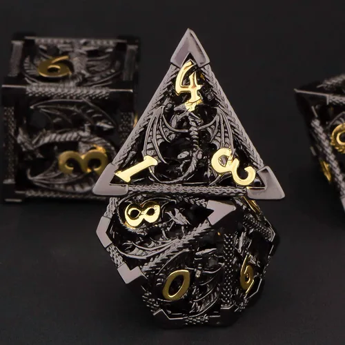 Vista 2 de KERWELLSI Juego de dados huecos D&D con caja de regalo, 7 dados de metal poliédrico D y D para juegos de rol, dados de dragón de mazmorra D20 D12