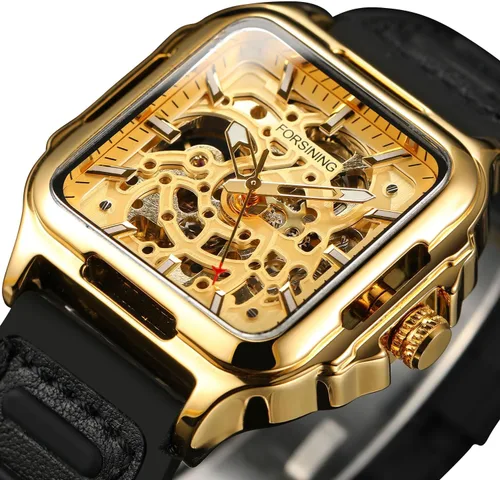 Vista 2 de FORSINING Reloj de pulsera con diseño de esqueleto impermeable para hombre, automático, steampunk, correa de silicona, luminoso cuadrado