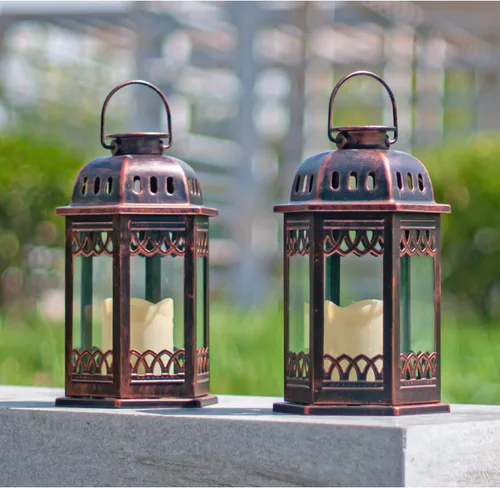 Vista 4 de Paquete de 2 faroles solares de bronce, faroles colgantes retro ornamentados con asa, linterna para exteriores con vela LED parpadeante, 6.60 x 6.60