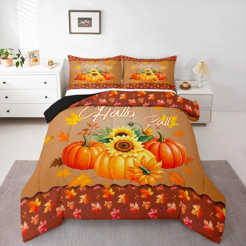 Vista 24 de Erosebridal Juego de edredón individual de pavo de Acción de Gracias, juego de ropa de cama de calabaza con hojas de otoño para niños y adultos