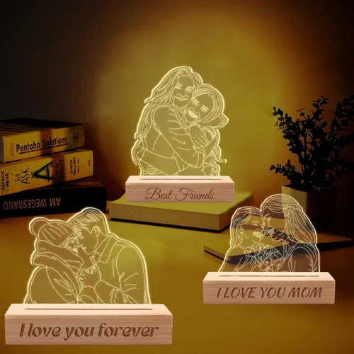 Vista 5 de Lámpara de fotos personalizada de ilusión de retrato 3D, placa grabada con imagen personalizada, luz nocturna con base de madera, lámpara LED
