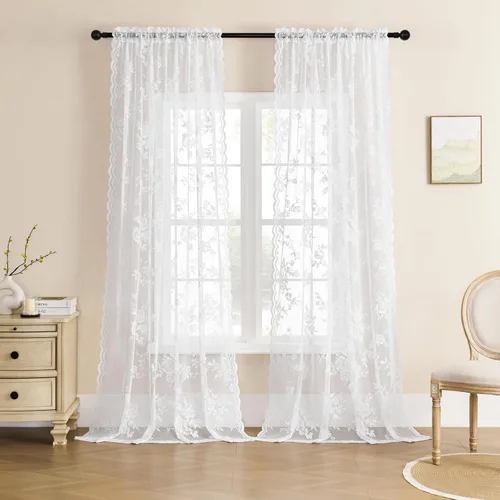 Vista 14 de Cortinas de encaje beige, juego de 2 paneles de cortinas traslúcidas con bolsillo para cortinero, decoración de ventana pequeña, baño, sótano