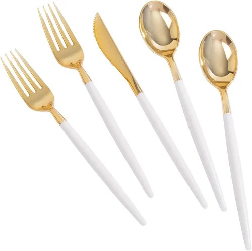 Vista 8 de MirthMood - 36 cubiertos de plástico dorados, cubiertos dorados desechables, utensilios desechables resistentes, juego de cubiertos de plástico