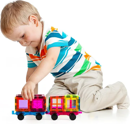 Vista 7 de Juego de azulejos magnéticos para automóvil, camión de juguete con imanes más fuertes, autos educativos con enganche reforzado y cama larga
