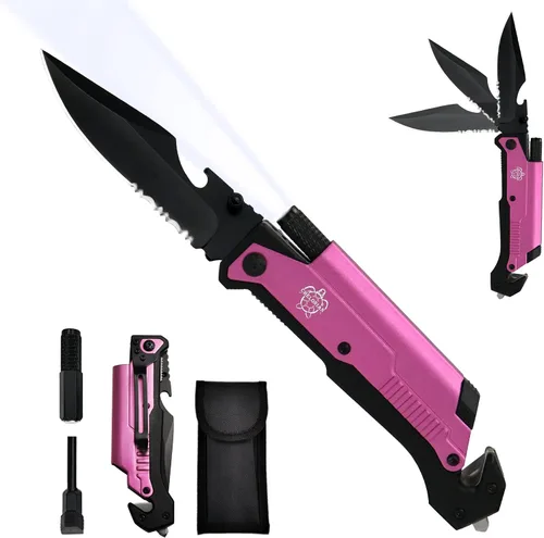 Vista 9 de Cuchillo de bolsillo militar EDC de 8.5 pulgadas para exteriores, 7 en 1, cuchillos plegables multifunción con iniciador de fuego, cortador de Negro
