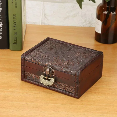 Vista 7 de Caja del tesoro, caja de almacenamiento de joyería de madera vintage con cerradura de metal, caja de regalo retro hecha a mano para almacenar
