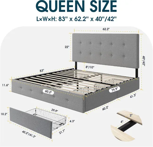 Vista 2 de WEEWAY Base de cama de plataforma tamaño Queen con 4 cajones de almacenamiento, cabecera capitonada con botones de puntada cuadrada, base de colchón