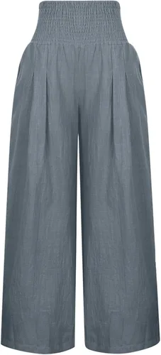 Vista 6 de DOLKFU Pantalones de lino para mujer, talla grande, pierna ancha, pantalones de verano de cintura alta, holgados, casuales, cómodos, pantalones